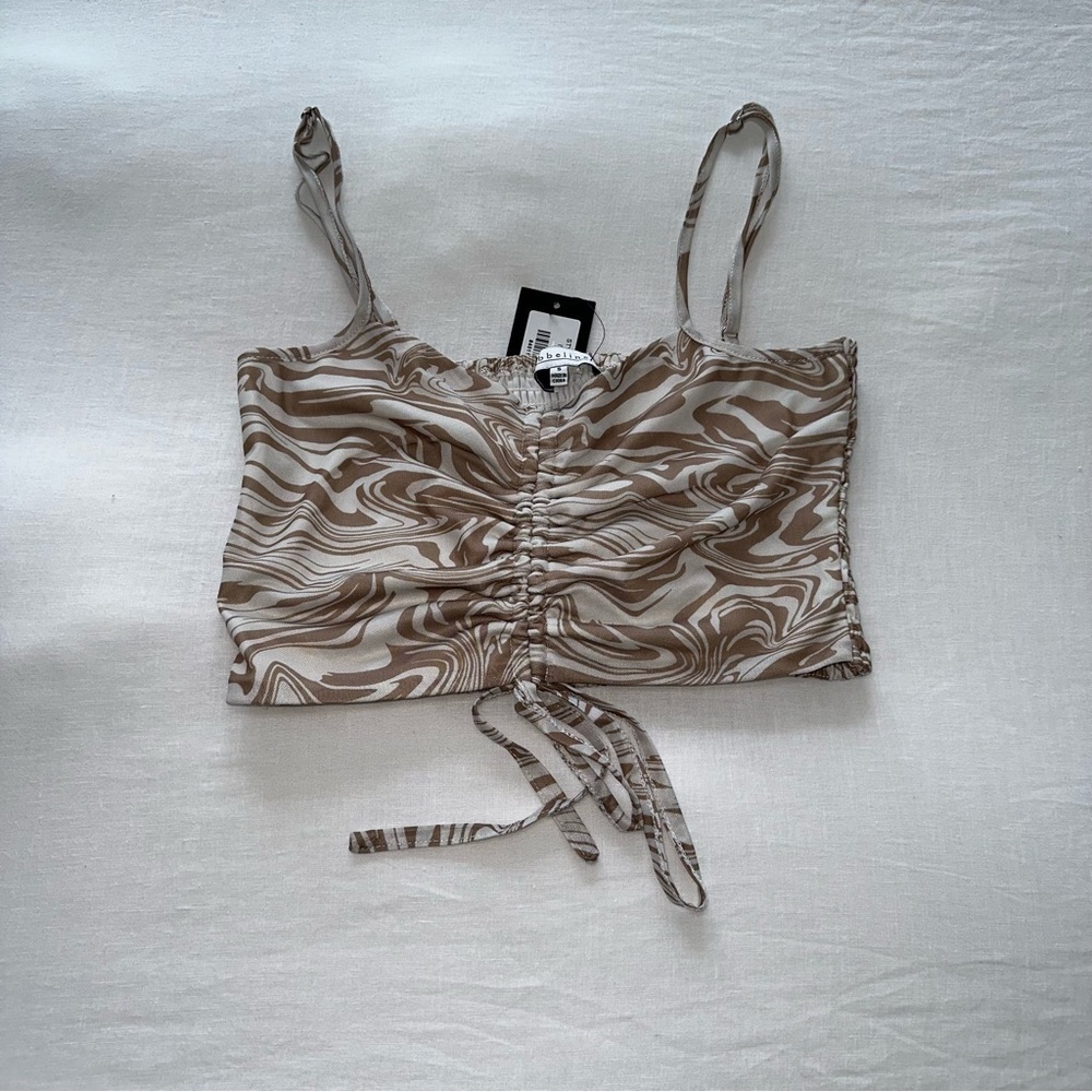 Abeline Brown Marble Mesh Ruched Crop Top Tank Y2K Size Small NWT - Picture 6 of 6